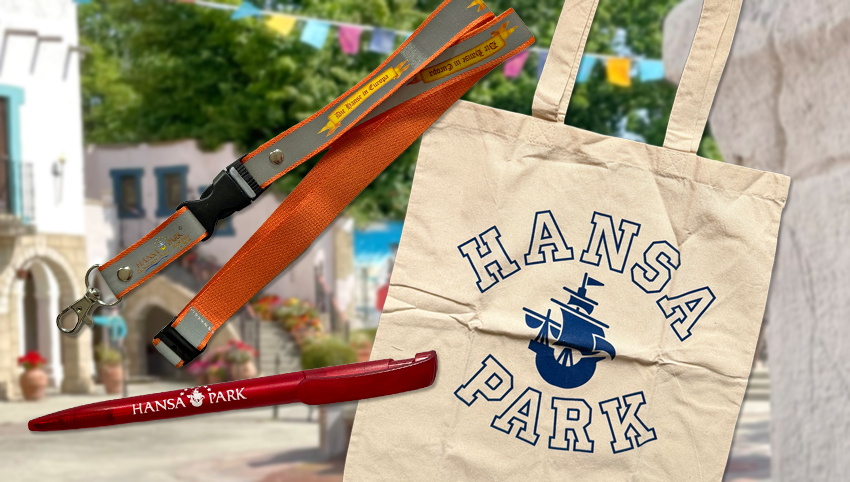 ein dreiteiliges Preis‑Set rund um den Hansa‑Park mit Stoffbeutel im College-Stil, reflektierendem Hanse in Europa Schlüsselband und einem Logo-Kugelschreiber in Rot