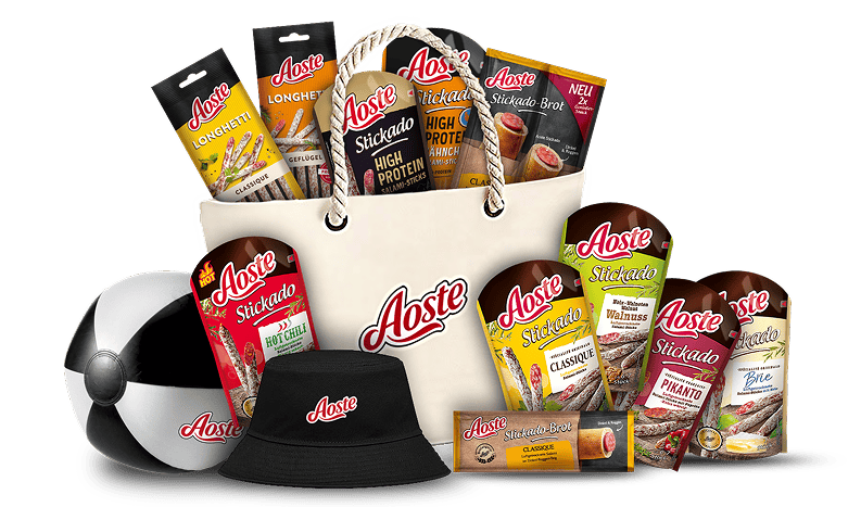 10 × unsere limitierte Try Me Box Summer Edition mit 11 leckeren Aoste-Snacks und sommerlichen Goodies wie Wasserball, Strandtasche und Fischerhut