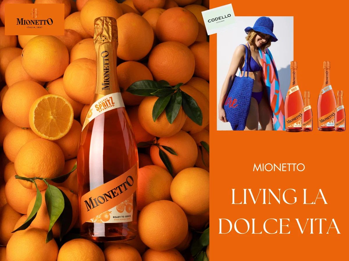 Eines von 3 Sets mit je 6 Flaschen Mionetto Orange Spritz Aperitivo Ready-to-Serve sowie einem CODELLO Gutschein im Wert von 50 Euro