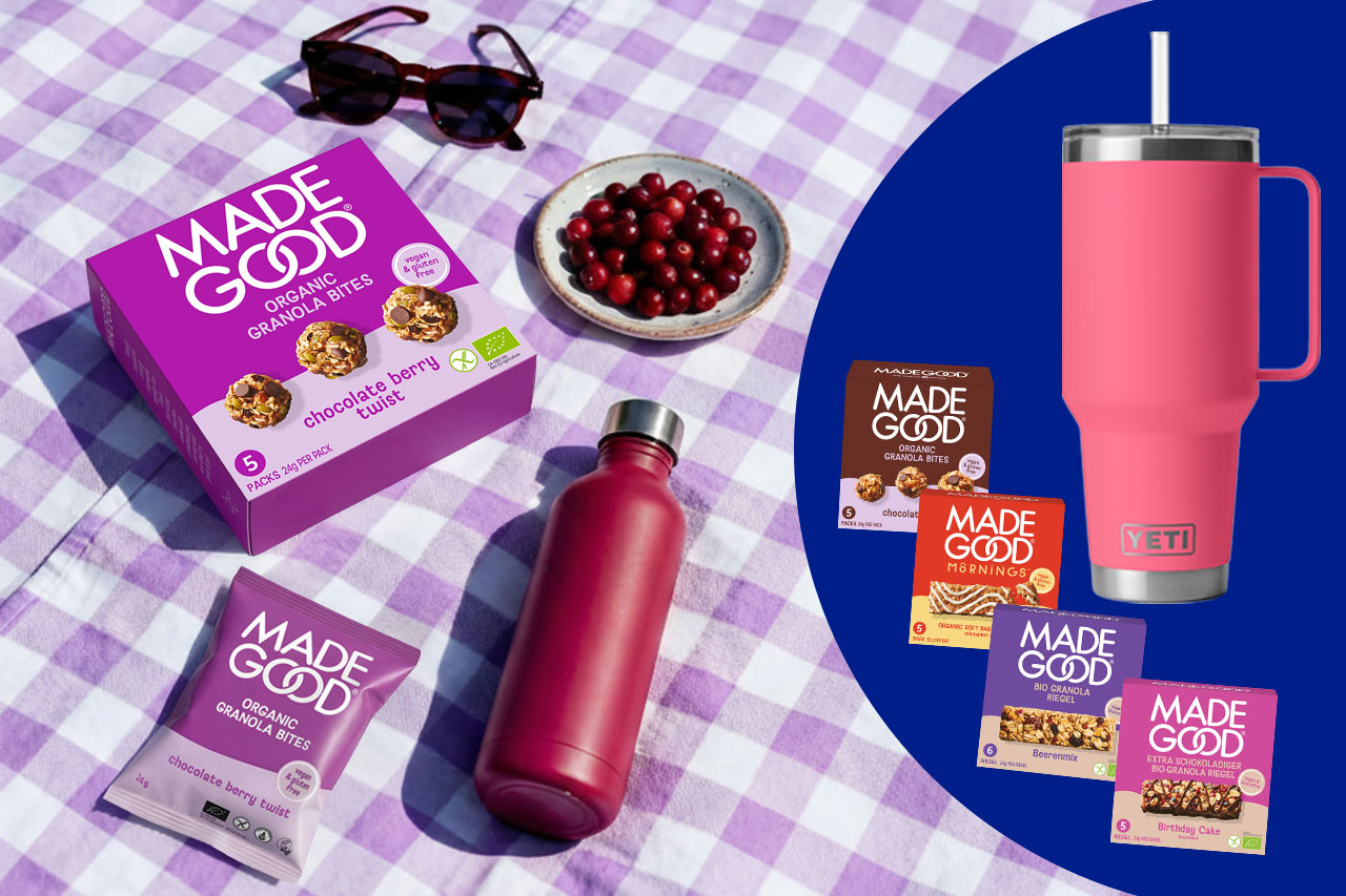 Ein Snackpaket mit einer Auswahl aus MadeGood Granola Riegeln, Granola Bites und Haferriegeln sowie einem 1,2-Liter-Trinkbecher von YETI im Wert von rund 100 Euro
